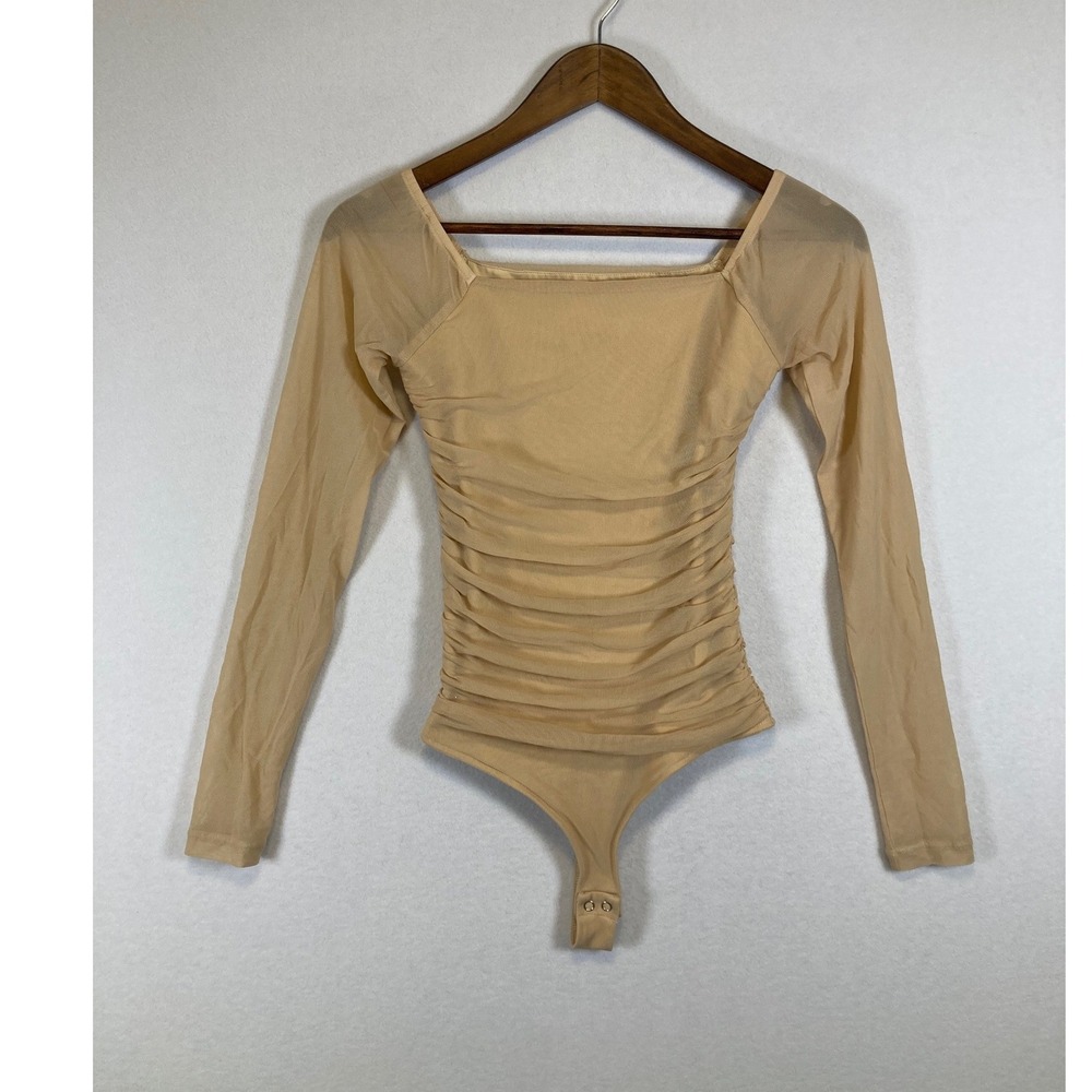 Chic PinkmStyle Women Small Beige Mesh‎ Ruched Square Neck Long Sleeve Bodysuit
